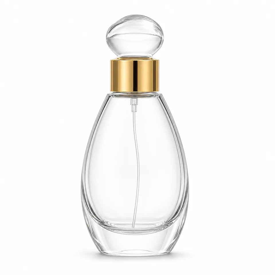 Teardrop clear glass perfume bottle with gold collar and clear cap