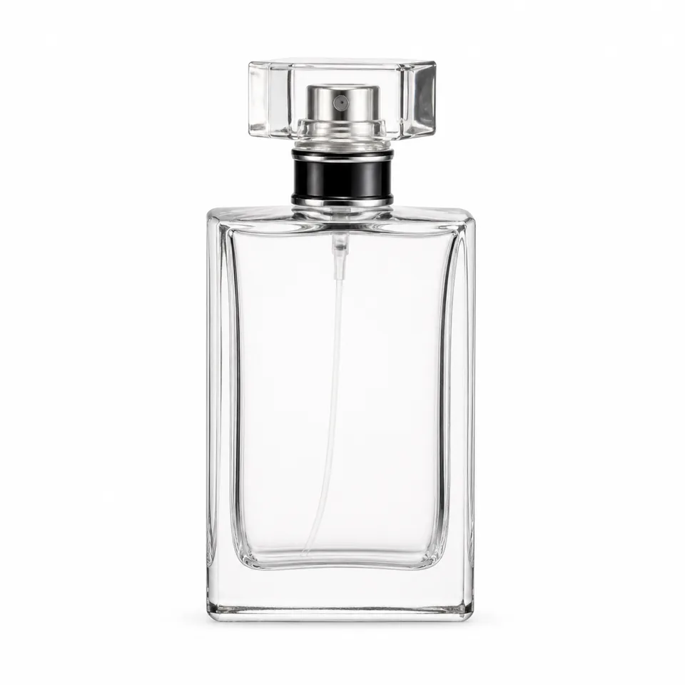 Large rectangular clear glass perfume bottle with block cap