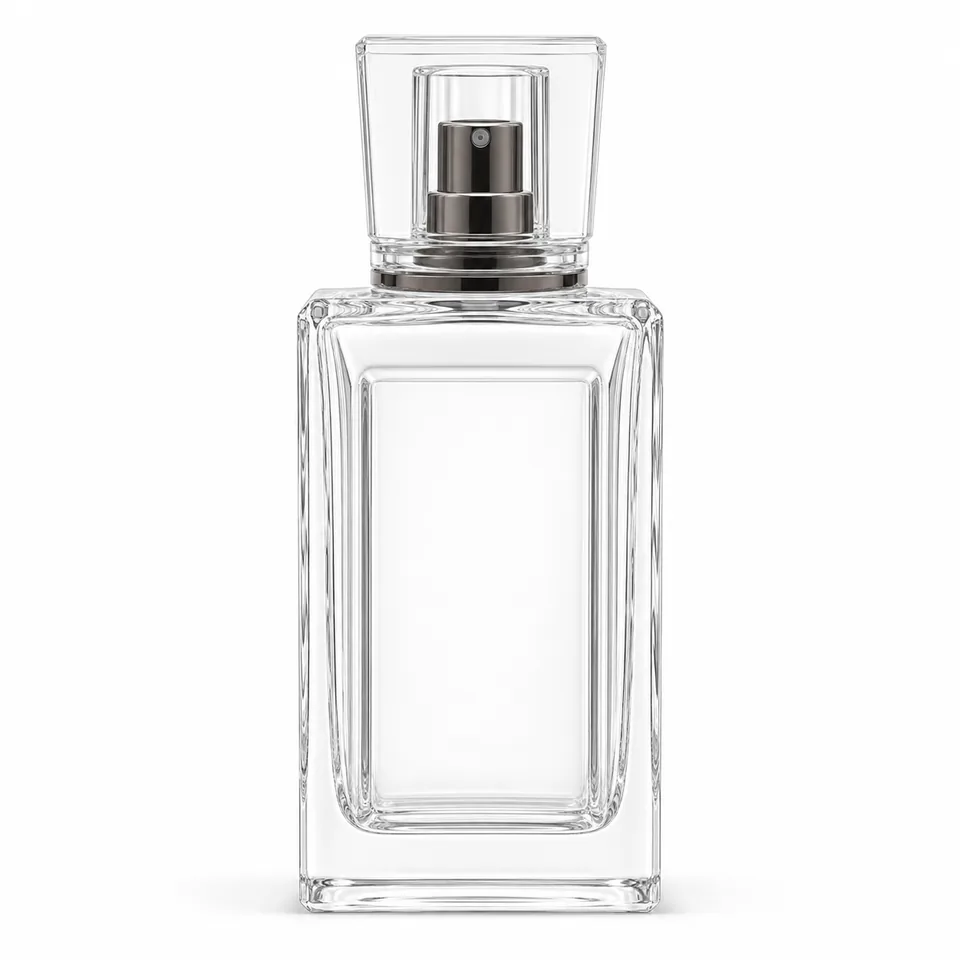 Tall faceted clear glass perfume bottle with rectangular cap