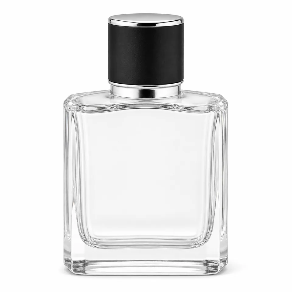 Flat rectangular clear glass perfume bottle with black cap