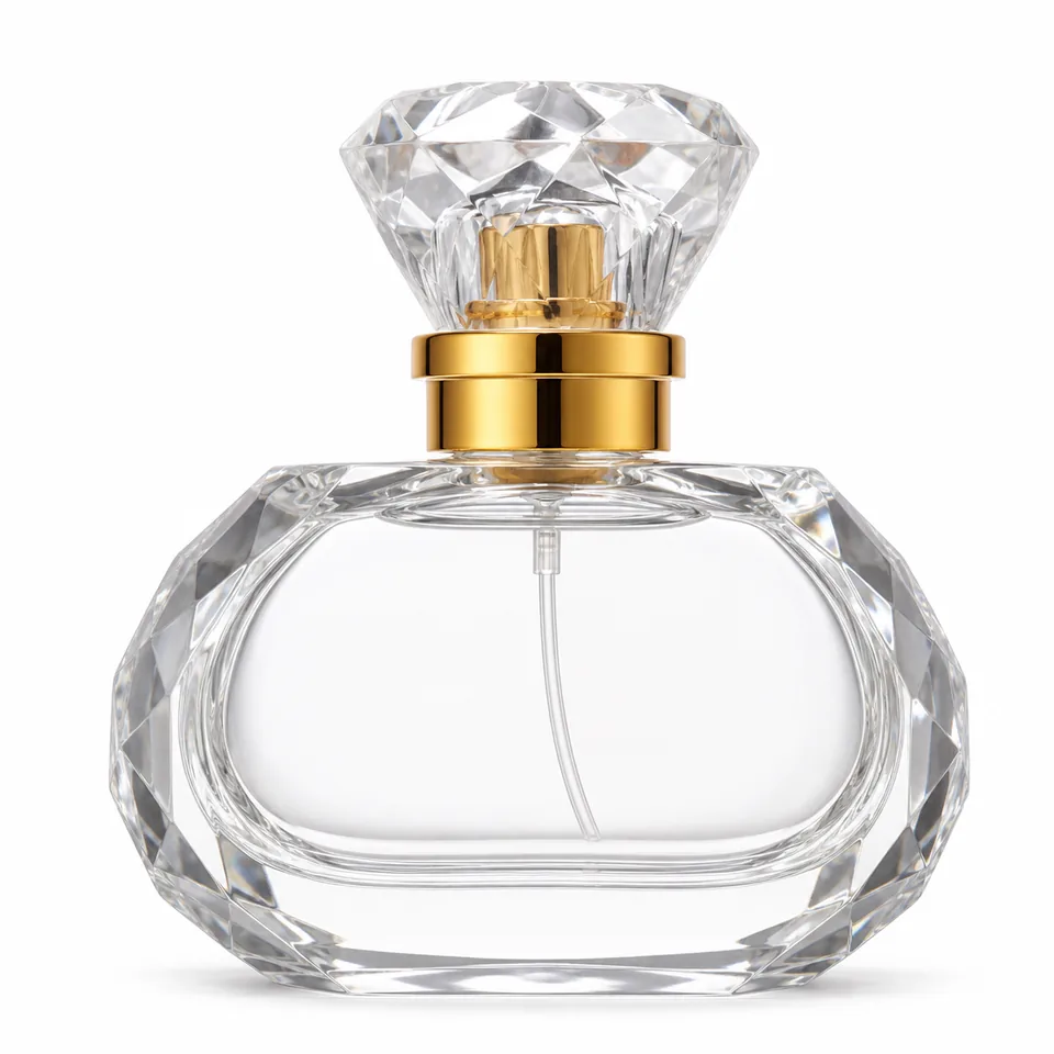 Low oval faceted clear glass perfume bottle with crystal-style cap