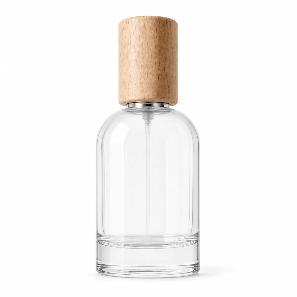 Cylindrical clear glass perfume bottle with wooden cap