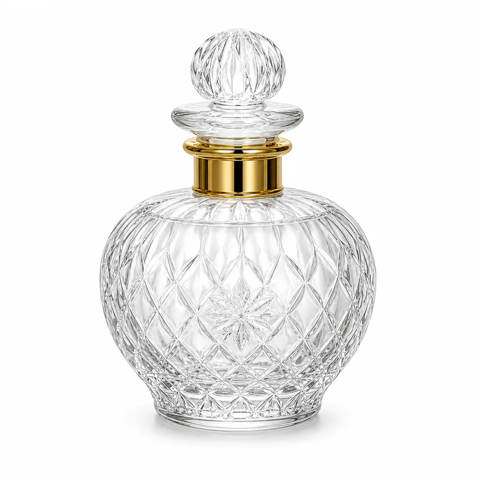 Round diamond-cut clear glass perfume bottle with crystal-style stopper