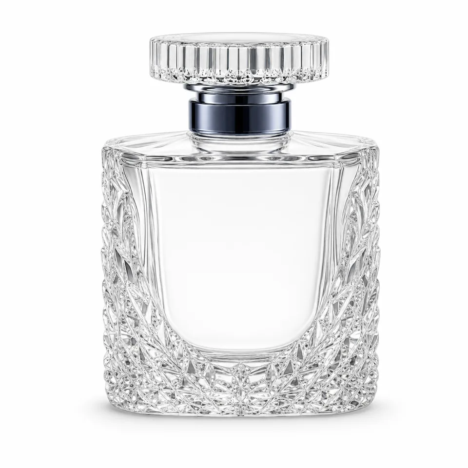 Rectangular cut-glass perfume bottle with ribbed cap