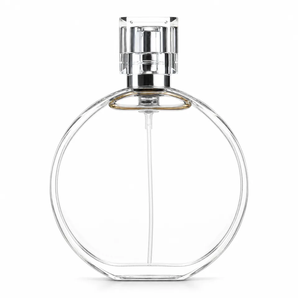 Round flat clear glass perfume bottle with silver crystal-style cap