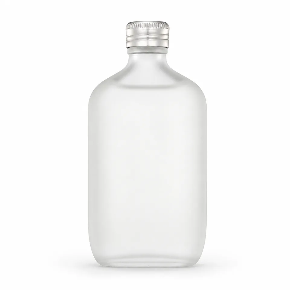 Frosted clear rounded-rectangular perfume flask bottle