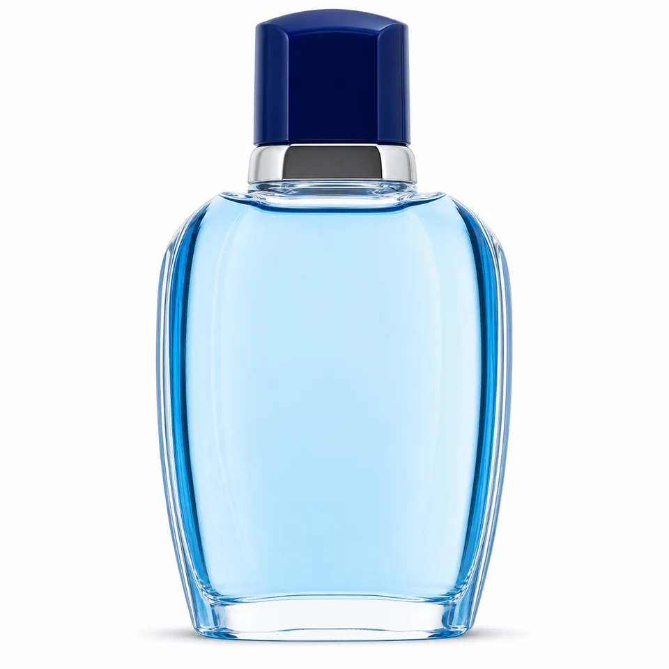 Tall tapered oval blue glass perfume bottle