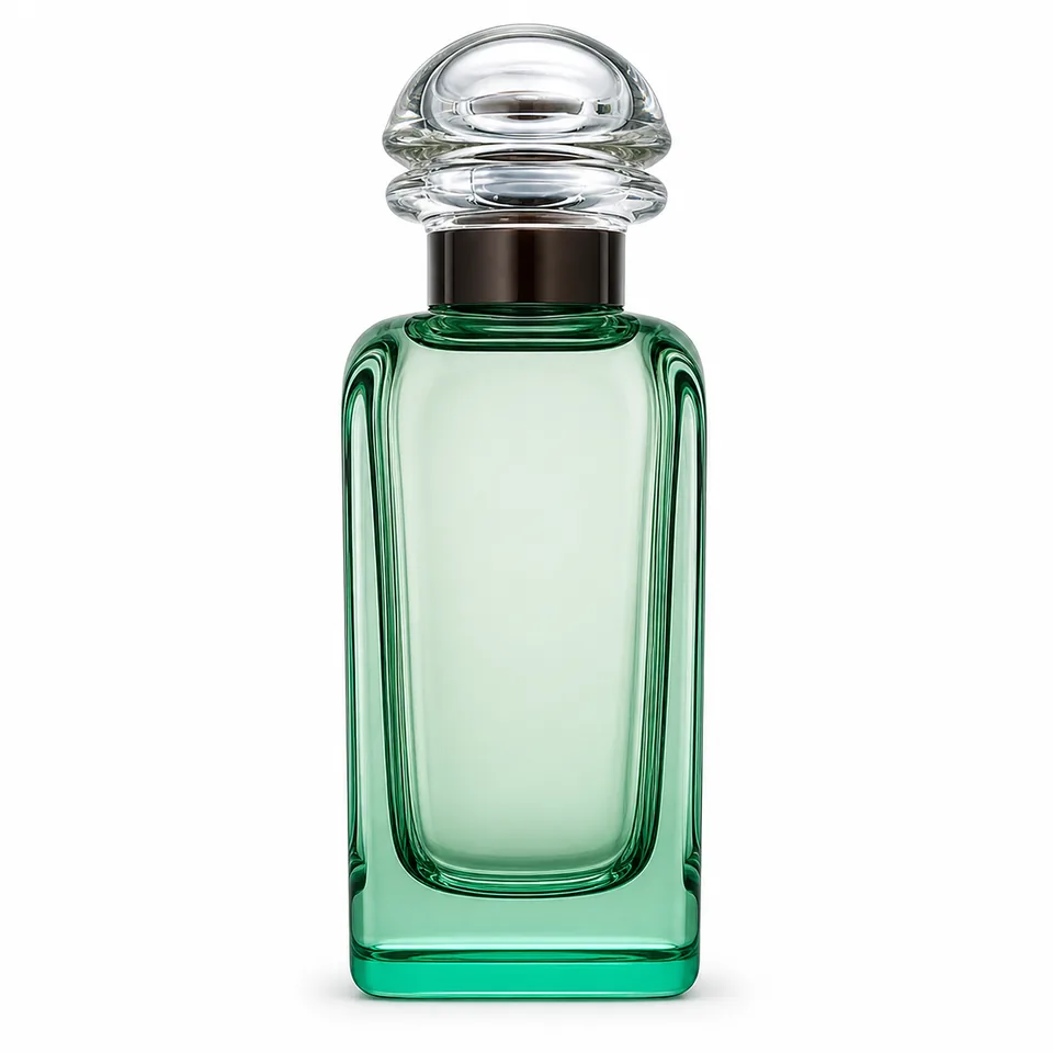 Tall emerald-green rectangular glass perfume bottle with dome cap