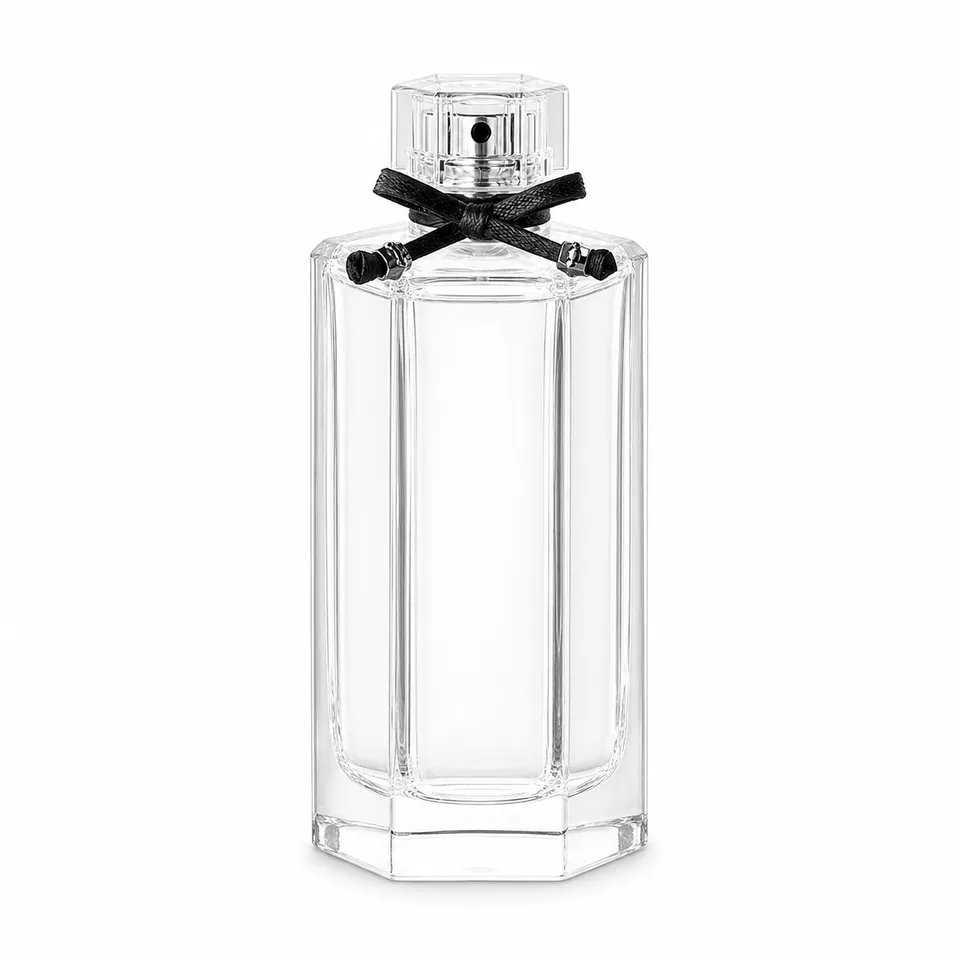 Tall slim chamfered clear glass perfume bottle with black bow