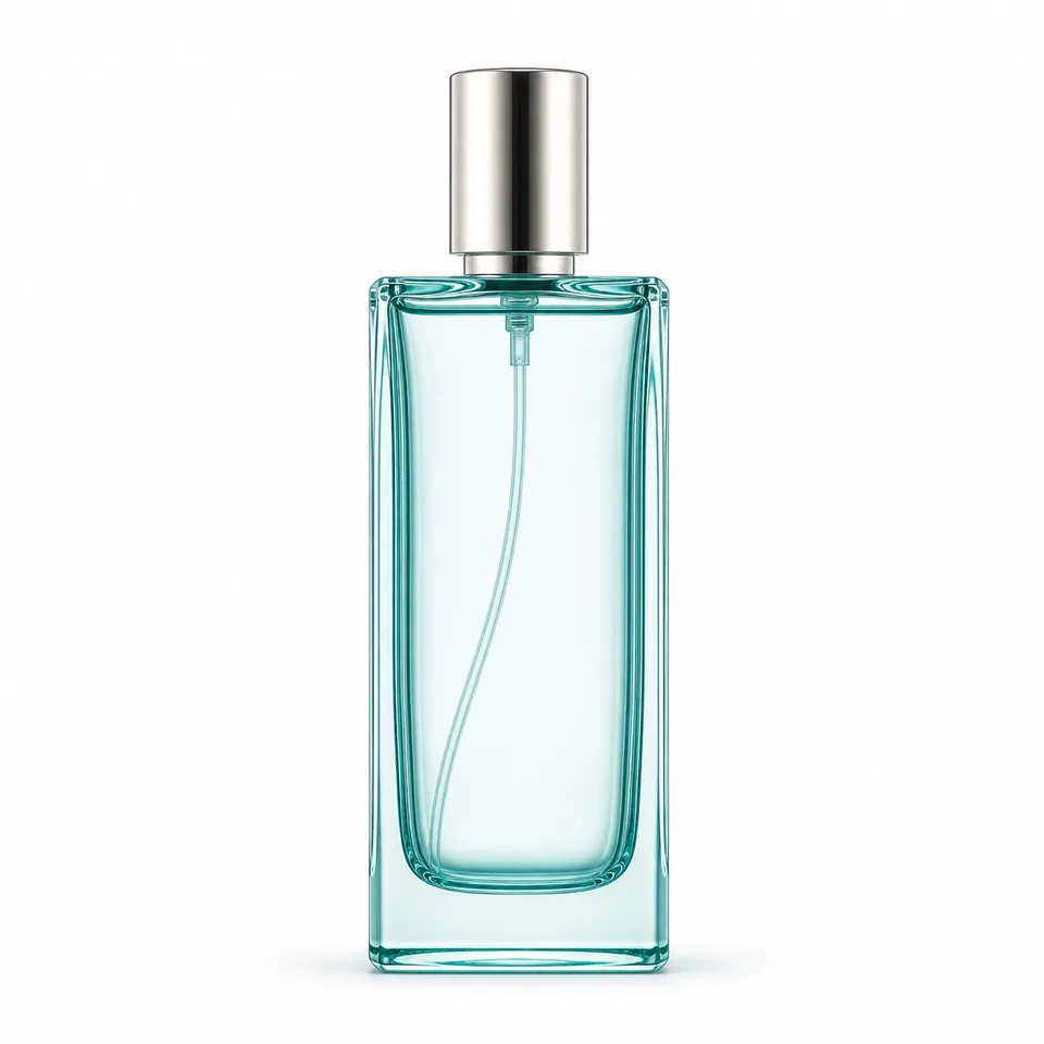 Small teal rounded-rectangular glass perfume spray bottle