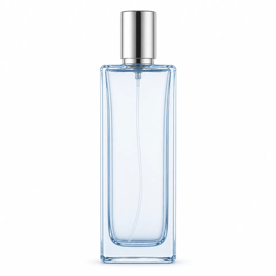 Tall blue rounded-rectangular glass perfume spray bottle