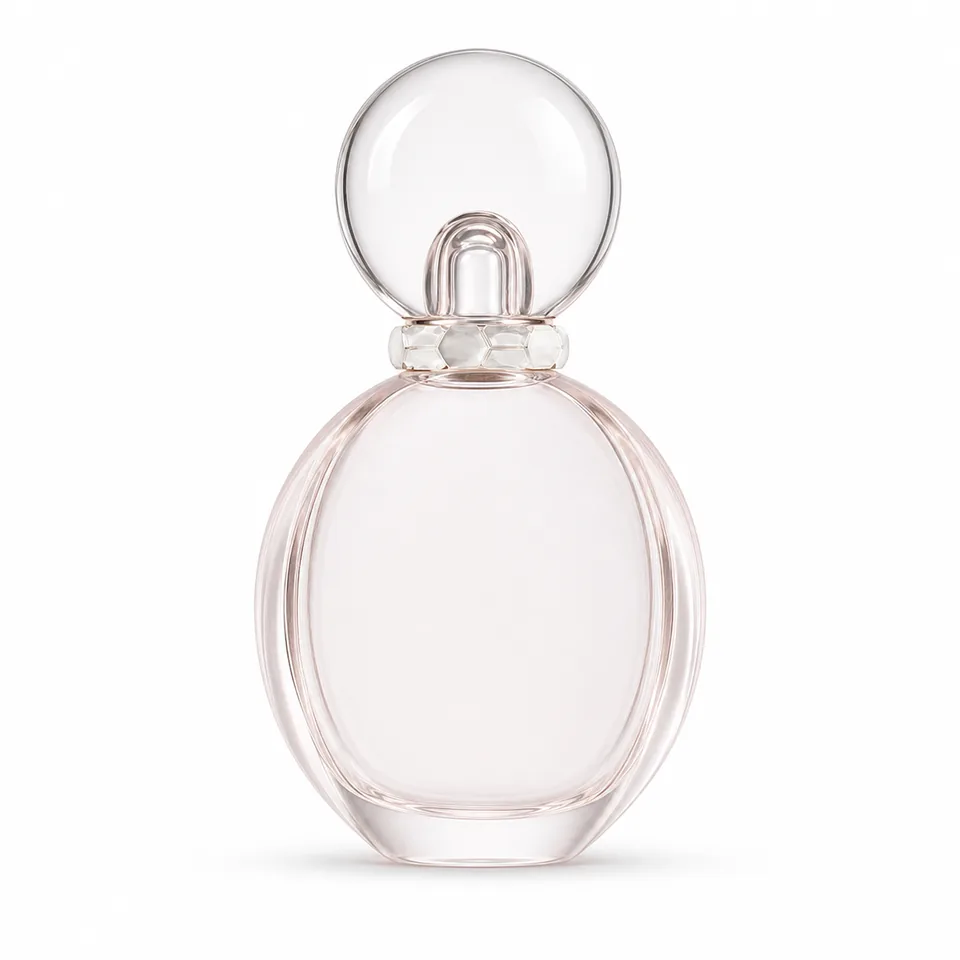 Frosted blush oval glass perfume bottle with clear orb cap