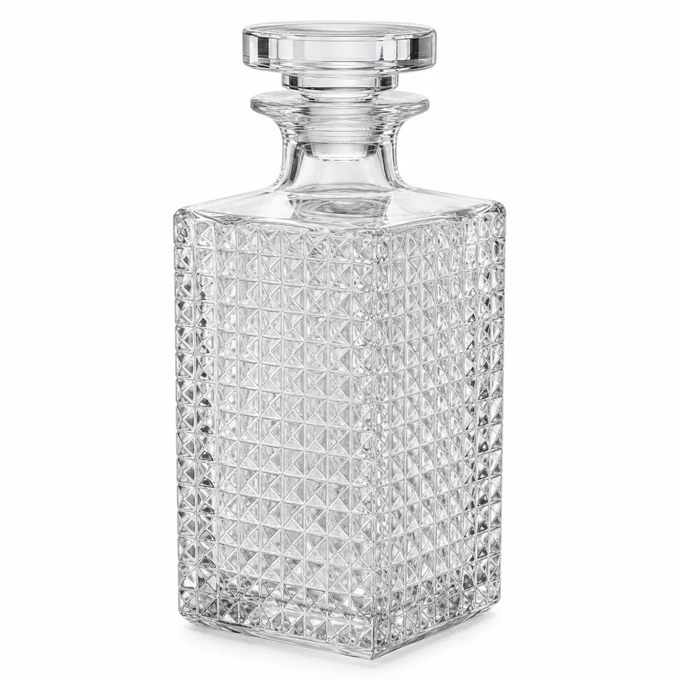Square diamond-cut glass whisky bottle with stopper