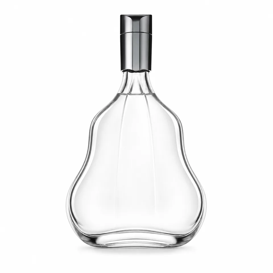 Sculptural pear-shaped clear glass whisky bottle