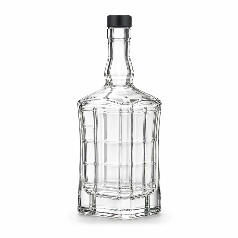 Rectangular faceted clear glass whisky bottle
