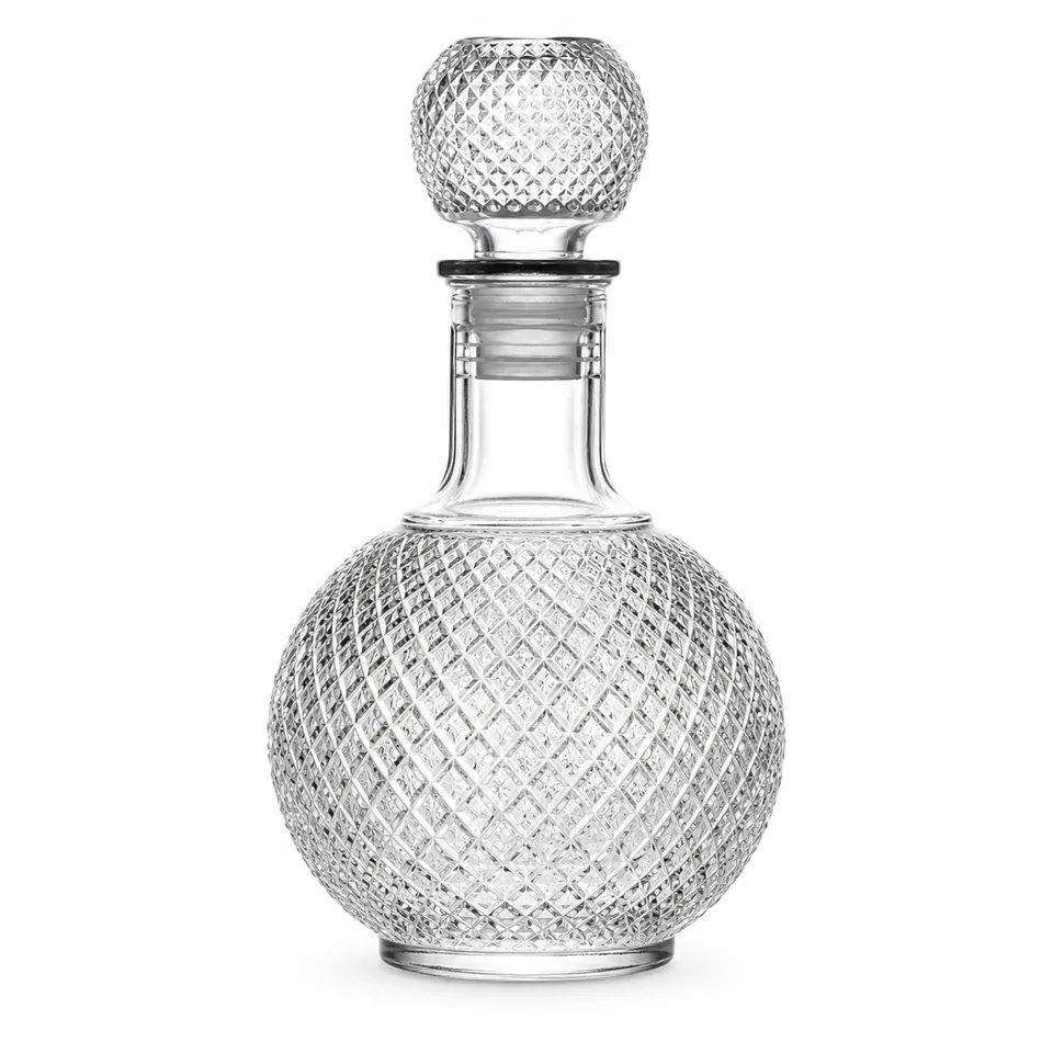 Round diamond-cut glass whisky bottle with stopper