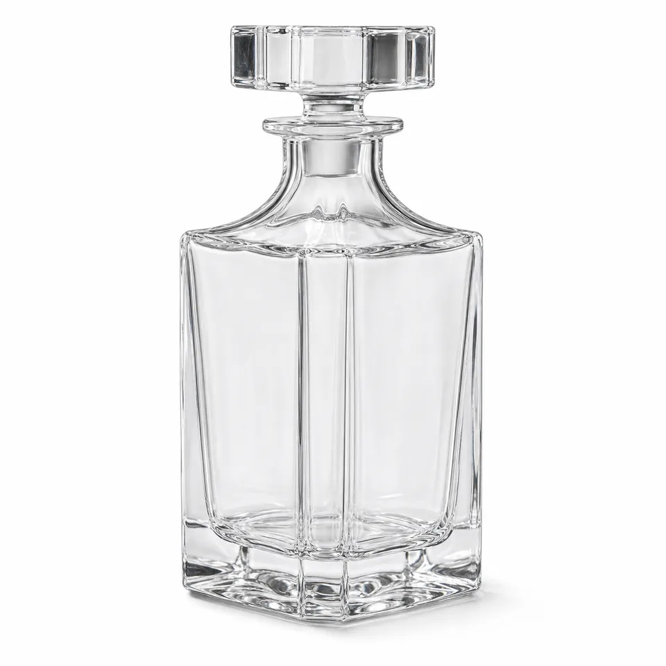 Square clear glass whisky bottle with stopper