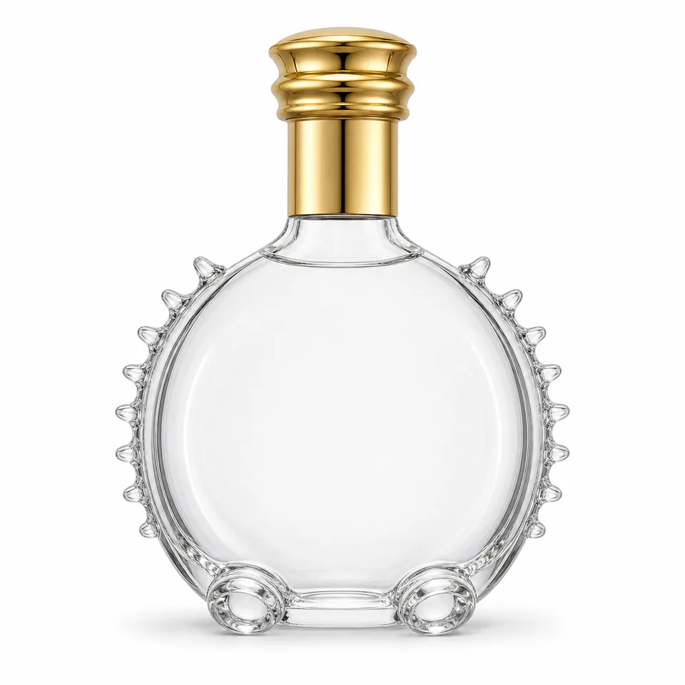 Round flat clear glass whisky bottle