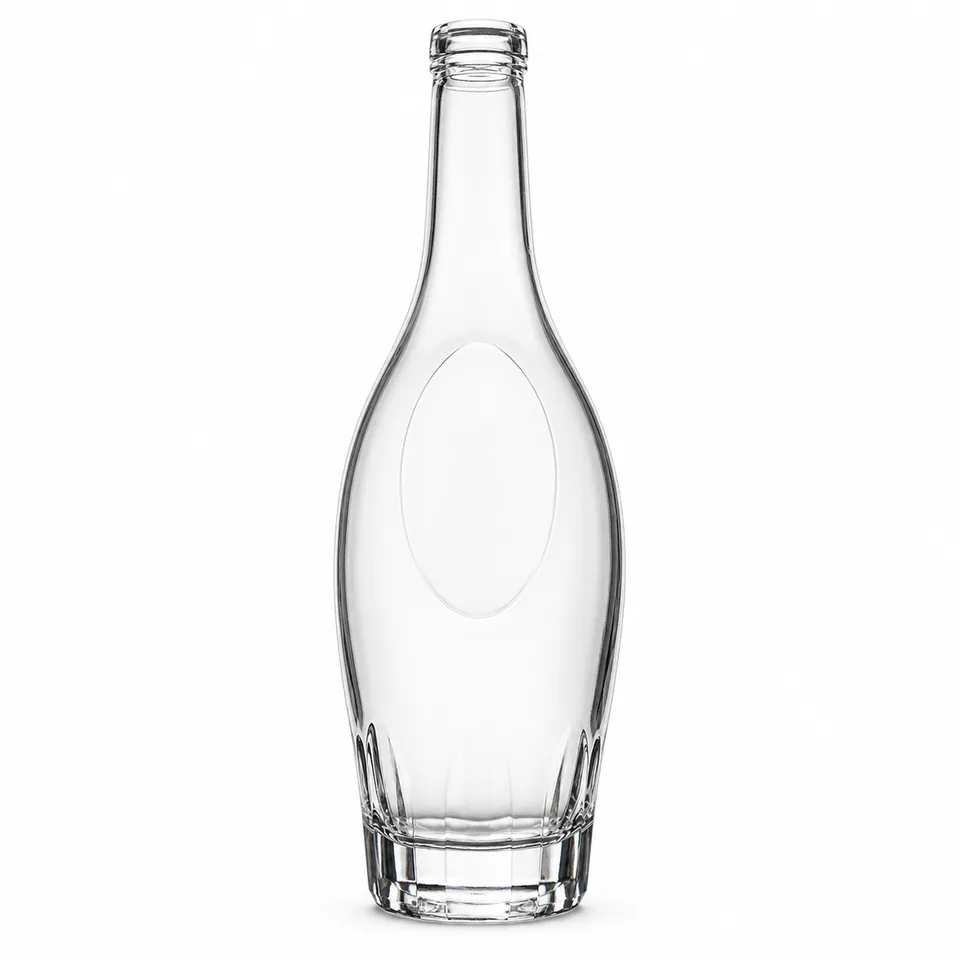 Tall oval clear glass whisky bottle