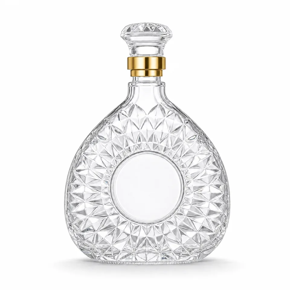 Round cut-glass whisky bottle with blank decoration panel