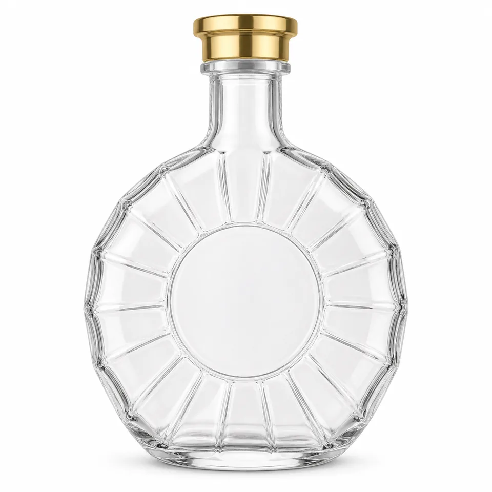 Round radial-rib clear glass whisky bottle
