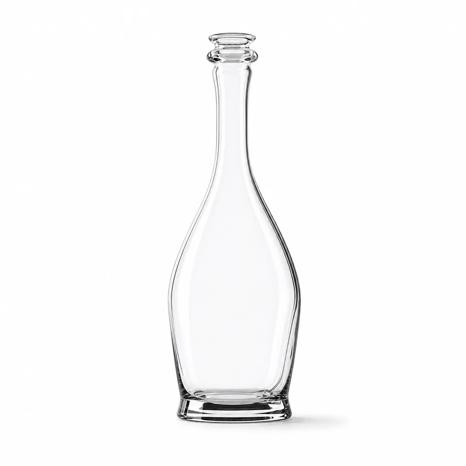 Tall sculptural clear glass whisky bottle