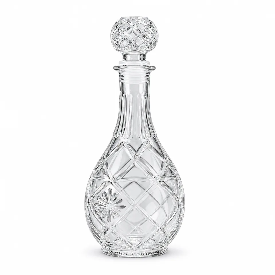 Oval diagonal-cut glass whisky bottle with stopper
