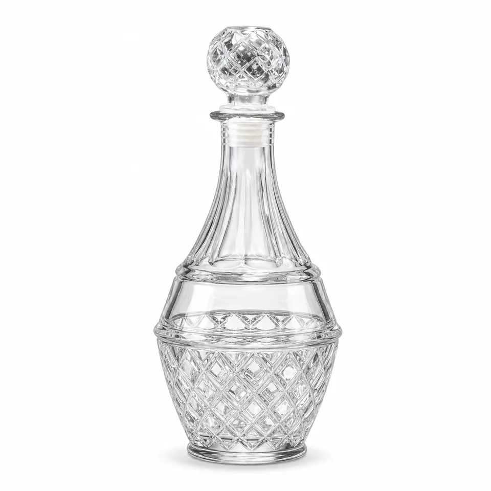 Bell-shaped diamond-cut glass whisky bottle with stopper