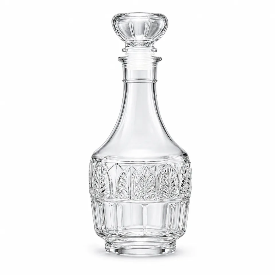 Cylindrical leaf-cut glass whisky bottle with stopper