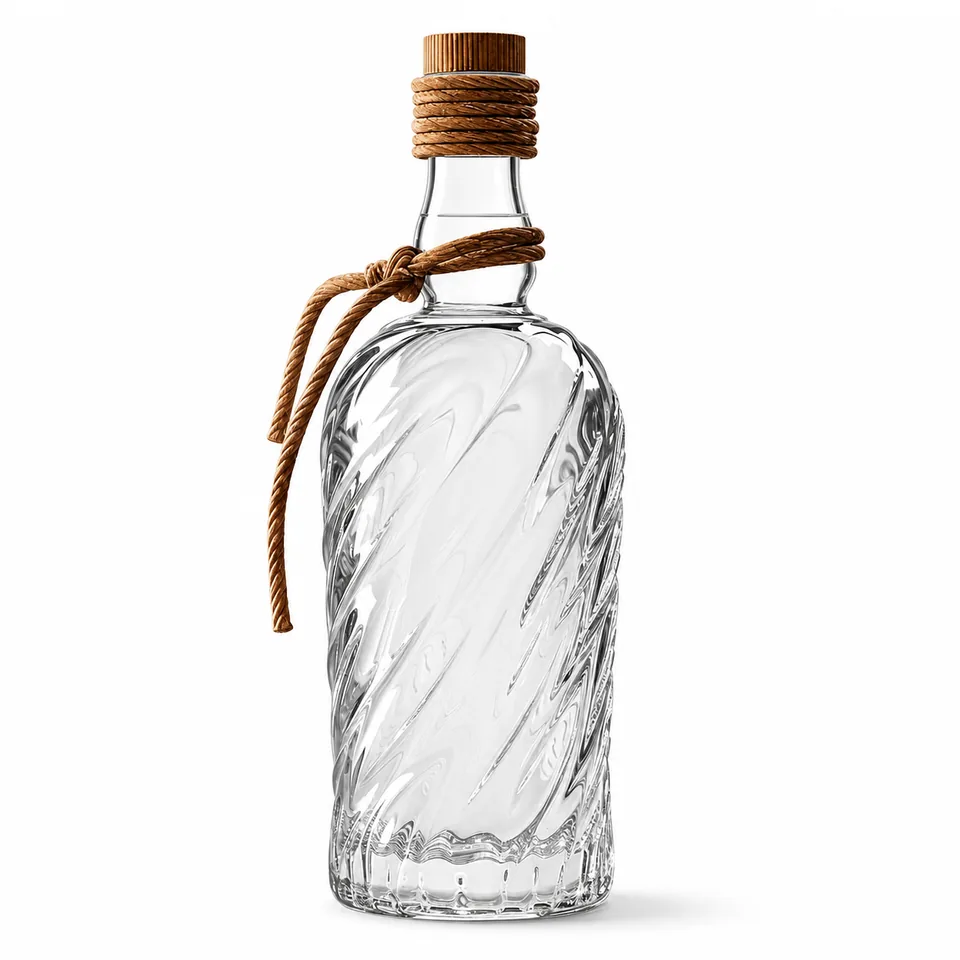 Twisted-texture clear glass whisky bottle with rope cap