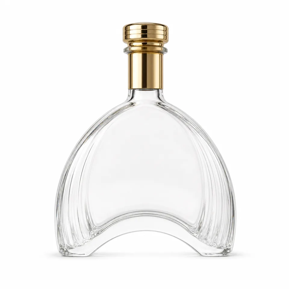 Crescent-shaped clear glass whisky bottle
