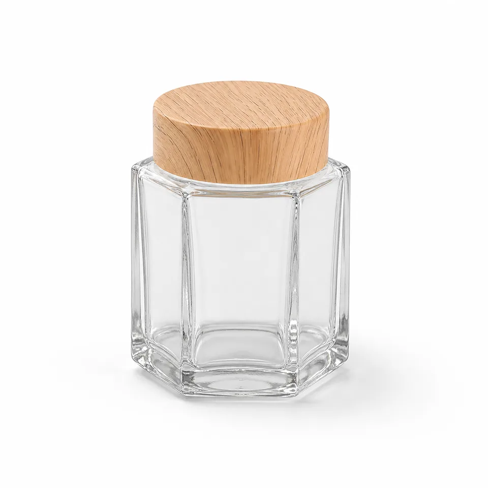 Small hexagonal glass honey jar with wooden cap