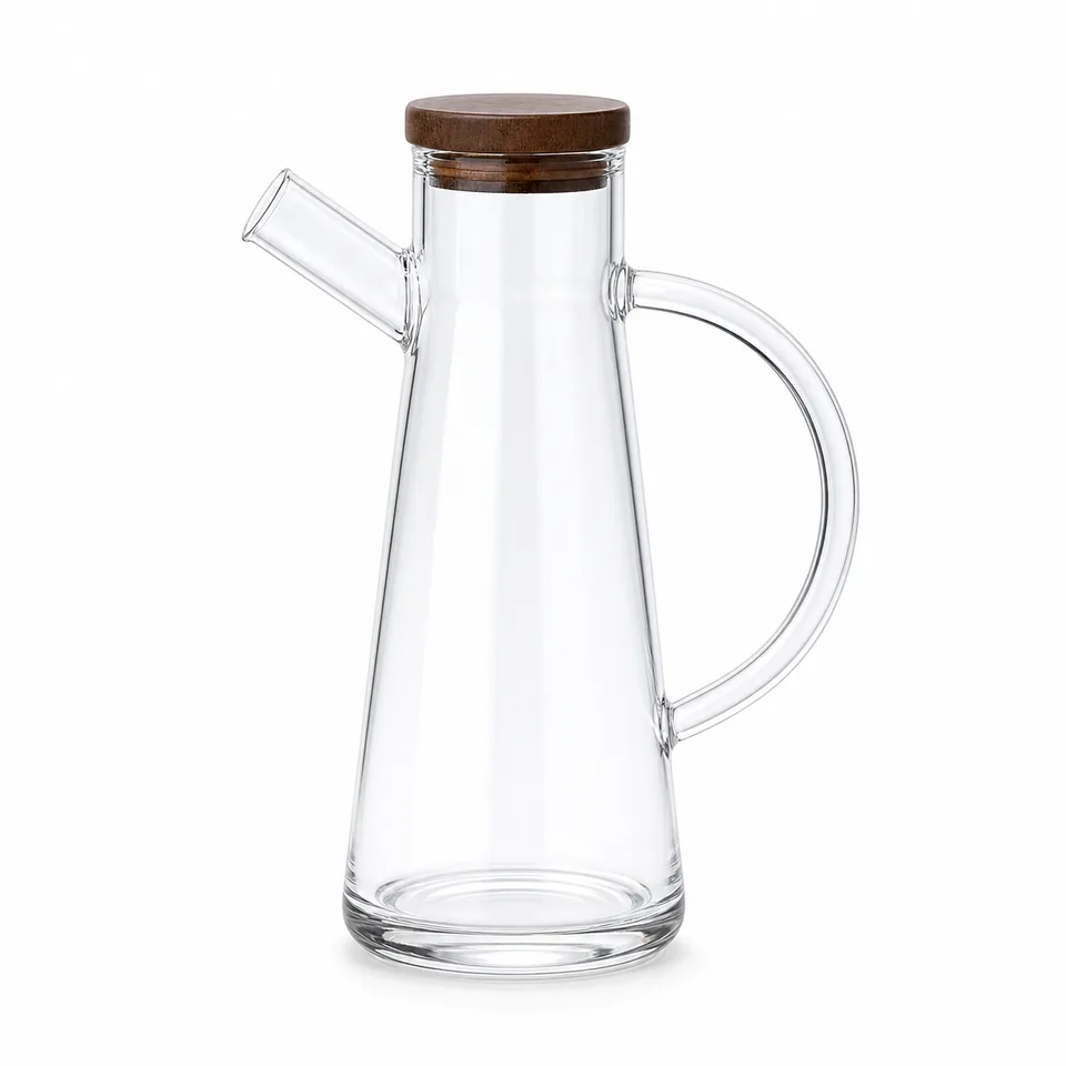 Handled glass oil dispenser with wooden lid and pouring spout