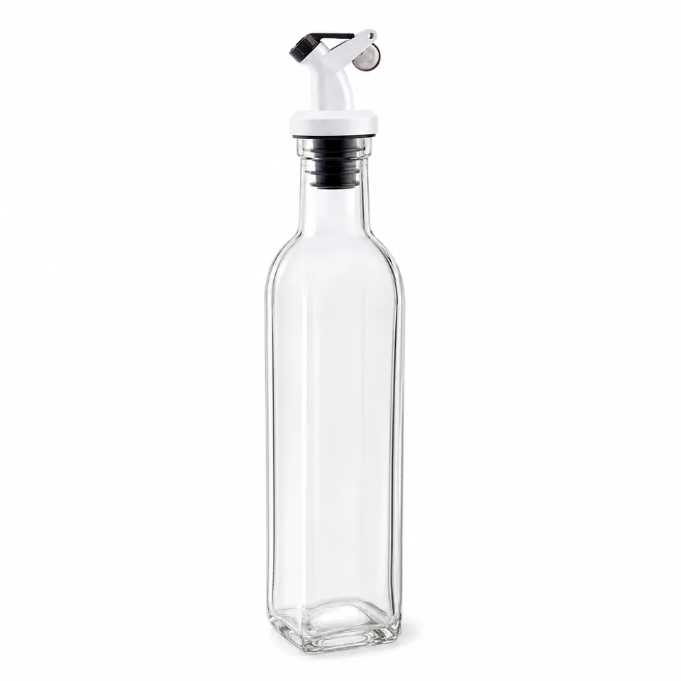 Square glass oil and vinegar dispenser with controlled spout