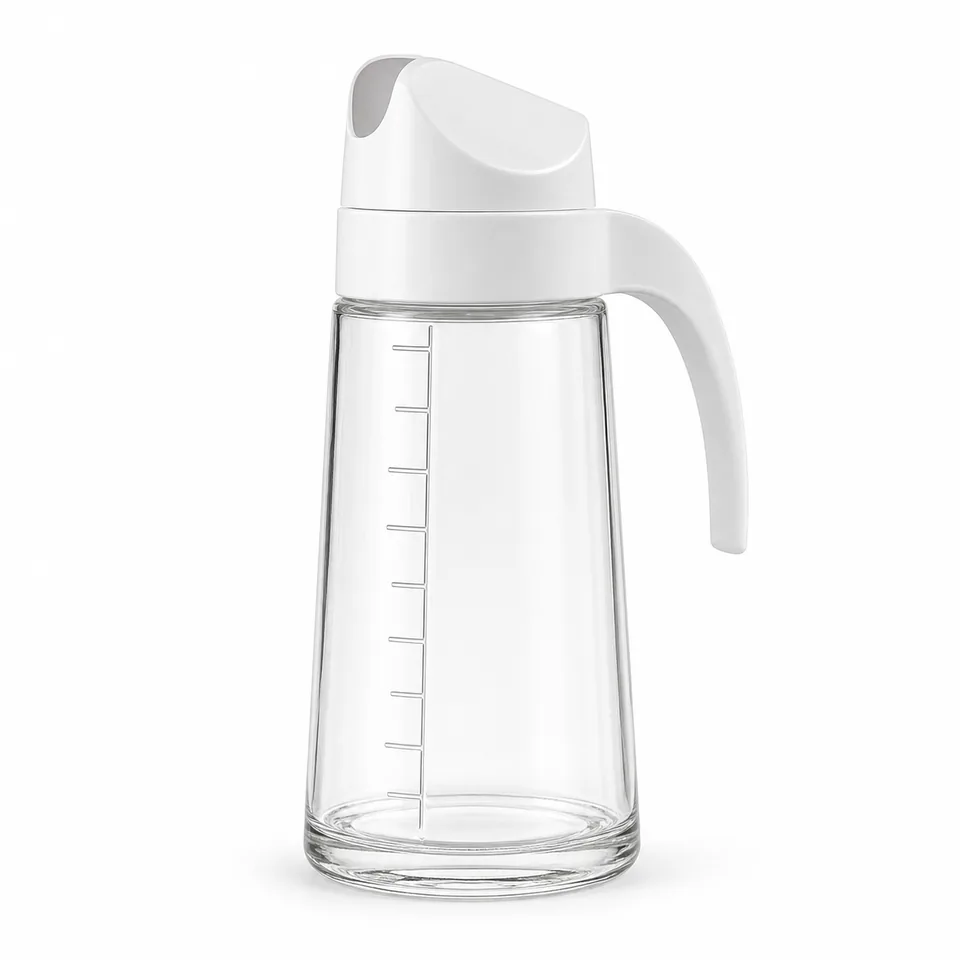 Graduated glass oil dispenser with white handle