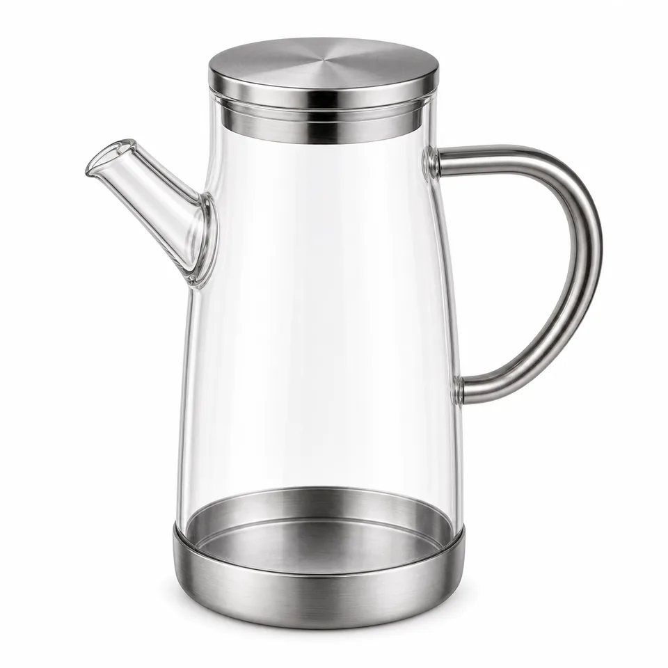 Large glass oil jug with metal lid, handle and spout
