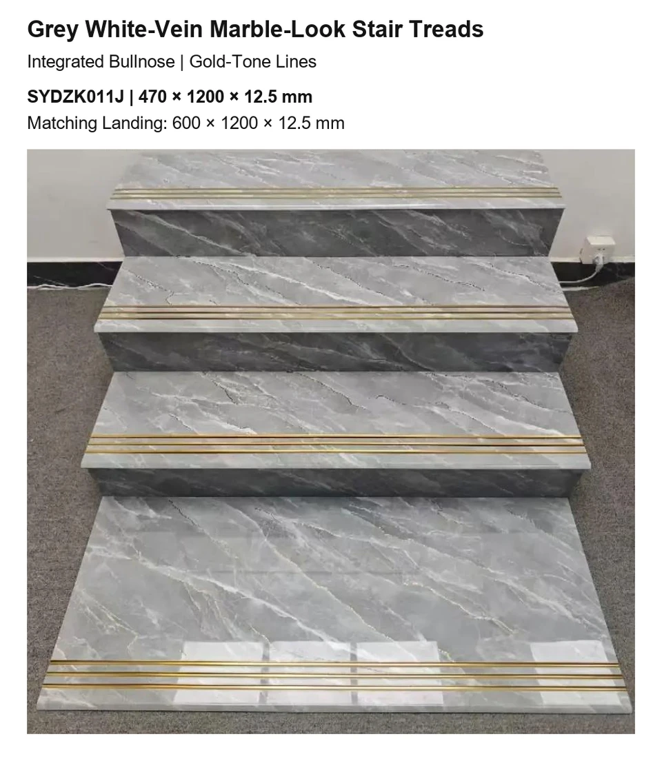 Grey White-Vein Marble-Look Bullnose Stair Tread with Gold-Tone Lines