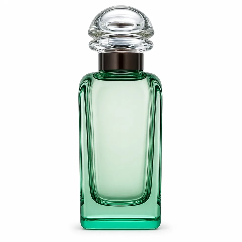 Tall emerald-green rectangular glass perfume bottle with dome cap