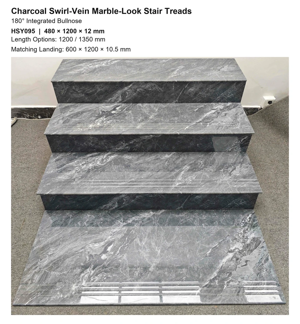 Charcoal Swirl-Vein Marble-Look 180° Bullnose Integrated Stair Tread and Landing