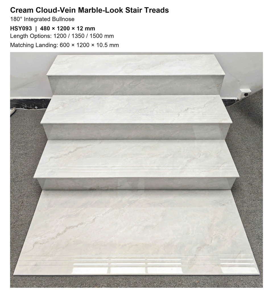 Cream Cloud-Vein Marble-Look 180° Bullnose Integrated Stair Tread and Landing