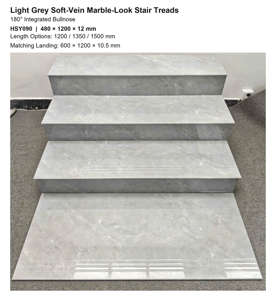 Light Grey Soft-Vein Marble-Look 180° Bullnose Integrated Stair Tread and Landing