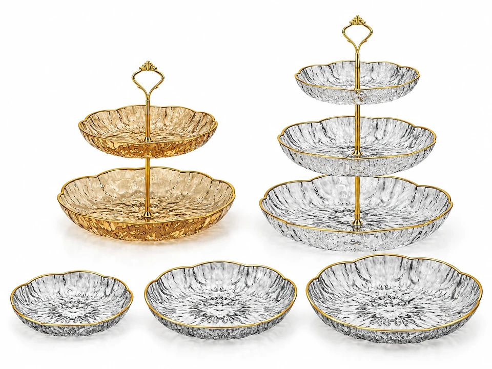 Gold-Rim Ice-Texture Plates and Tiered Stands