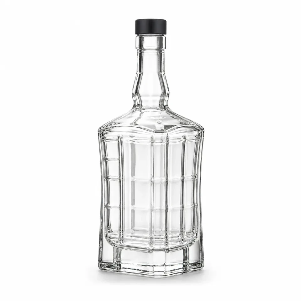 Rectangular faceted clear glass whisky bottle