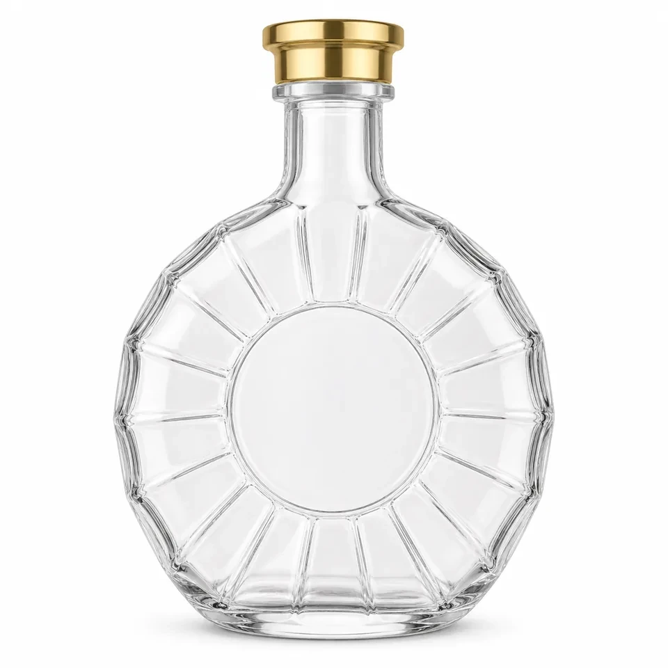 Round radial-rib clear glass whisky bottle