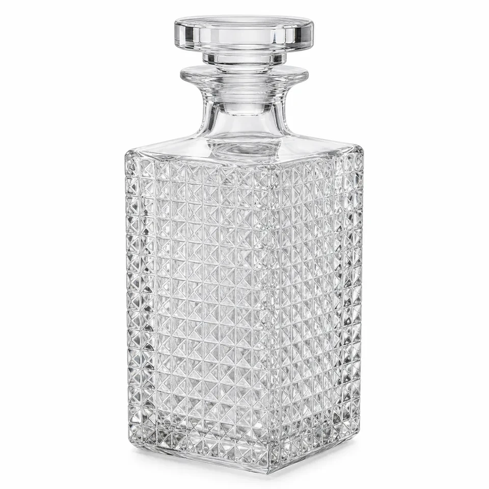 Square diamond-cut glass whisky bottle with stopper