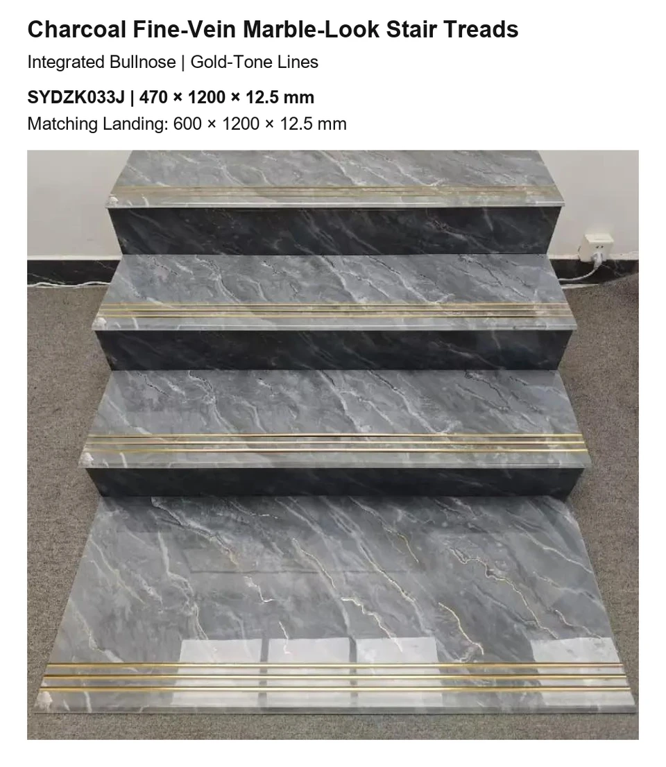 Charcoal Fine-Vein Marble-Look Bullnose Stair Tread with Gold-Tone Lines