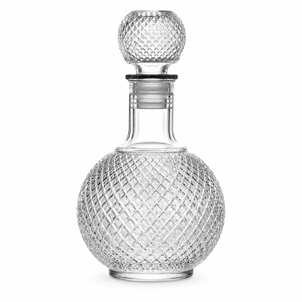 Round diamond-cut glass whisky bottle with stopper