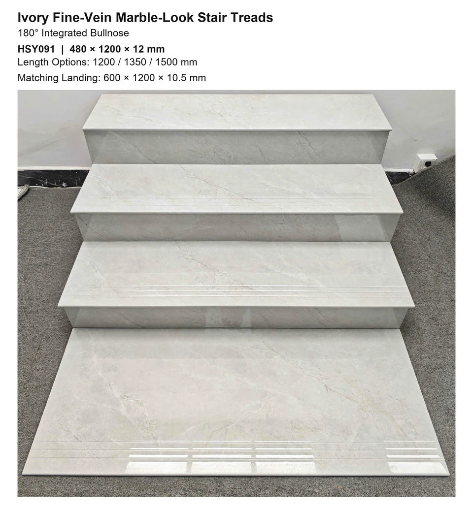 Ivory Fine-Vein Marble-Look 180° Bullnose Integrated Stair Tread and Landing